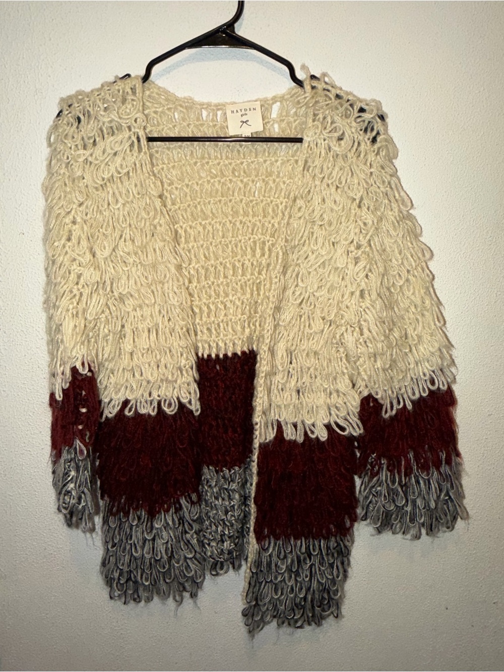 Hayden Loop-Trim Colorblock Open Cardigan in Ivory, Burgundy & Gray